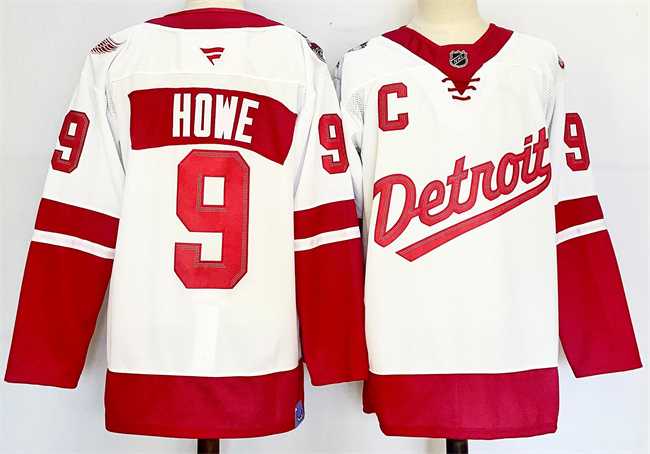 Mens Detroit Red Wings #9 Gordie Howe White Red 2024-25 With C Patch Stitched Jersey